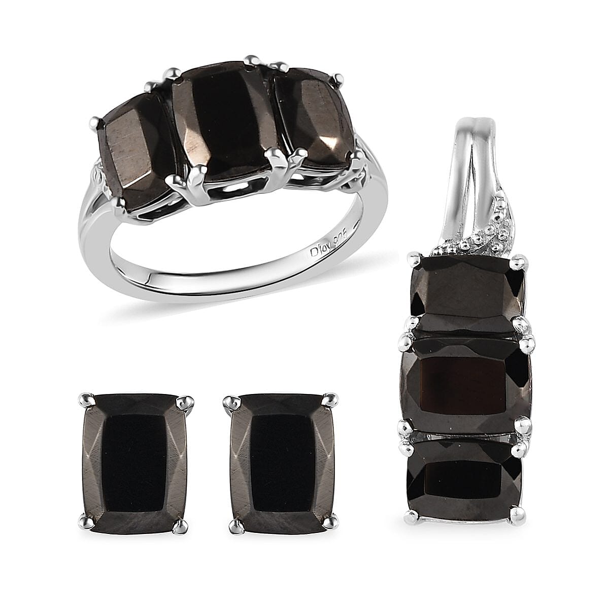 Elite Shungite Stud Earrings, 3 Stone Ring Size 10.0 and Pendant Necklace 20 Inches in Platinum Over Sterling Silver 5.85 ctw