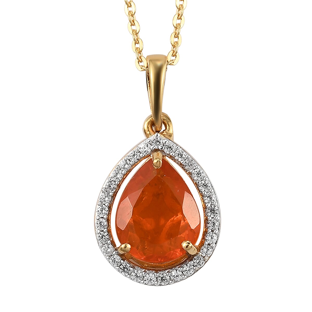 Crimson Fire Opal and Natural White Zircon Drop Pendant Necklace 20 Inches in Vermeil Yellow Gold Over Sterling Silver 1.50 ctw