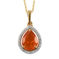 Crimson Fire Opal and Natural White Zircon Drop Pendant Necklace 20 Inches in Vermeil Yellow Gold Over Sterling Silver 1.50 ctw