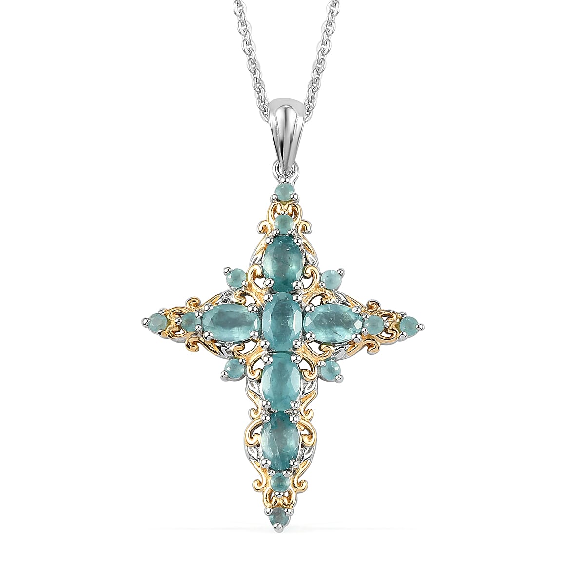 Premium Grandidierite Cross Pendant Necklace 20 Inches in Vermeil Yellow Gold and Platinum Over Sterling Silver 3.10 ctw