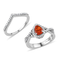 Set of 2 Crimson Fire Opal, Natural White Zircon Ring in Platinum Over Sterling Silver (Size 5.0) 0.90 ctw