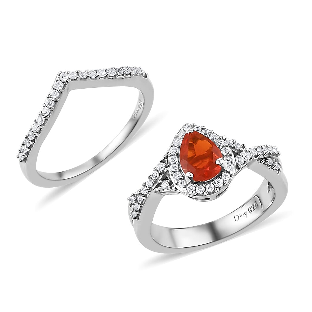 Set of 2 Crimson Fire Opal, Natural White Zircon Ring in Platinum Over Sterling Silver (Size 5.0) 0.90 ctw (1)