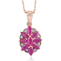 Premium Mozambique Ruby and White Zircon Floral Pendant Necklace 20 Inches in Vermeil Rose Gold Over Sterling Silver 1.50 ctw