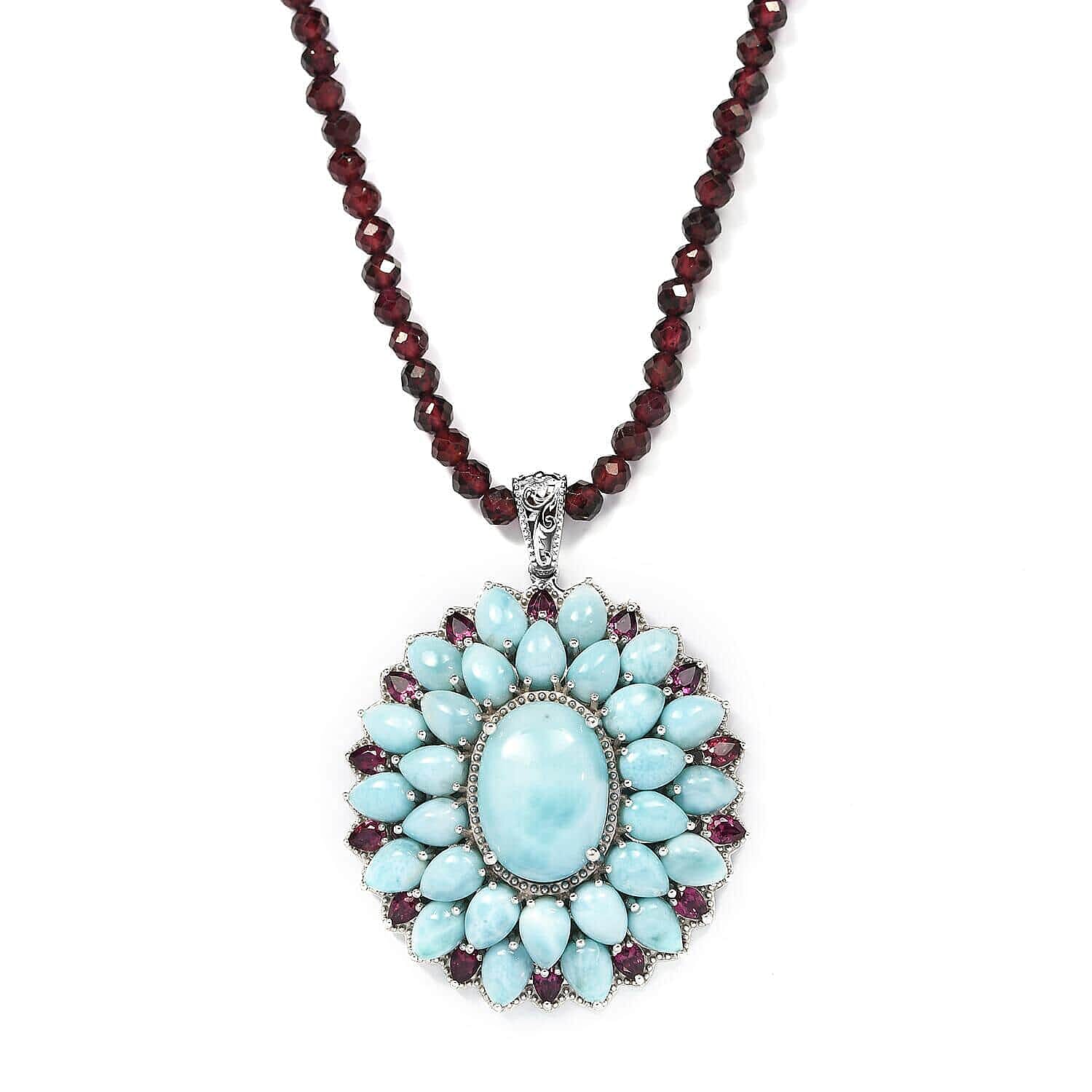 Ankur Treasure Chest Larimar and Orissa Rhodolite Garnet Cocktail Pendant with Beaded Necklace 20 Inches in Platinum Over Sterling Silver 138.00 ctw