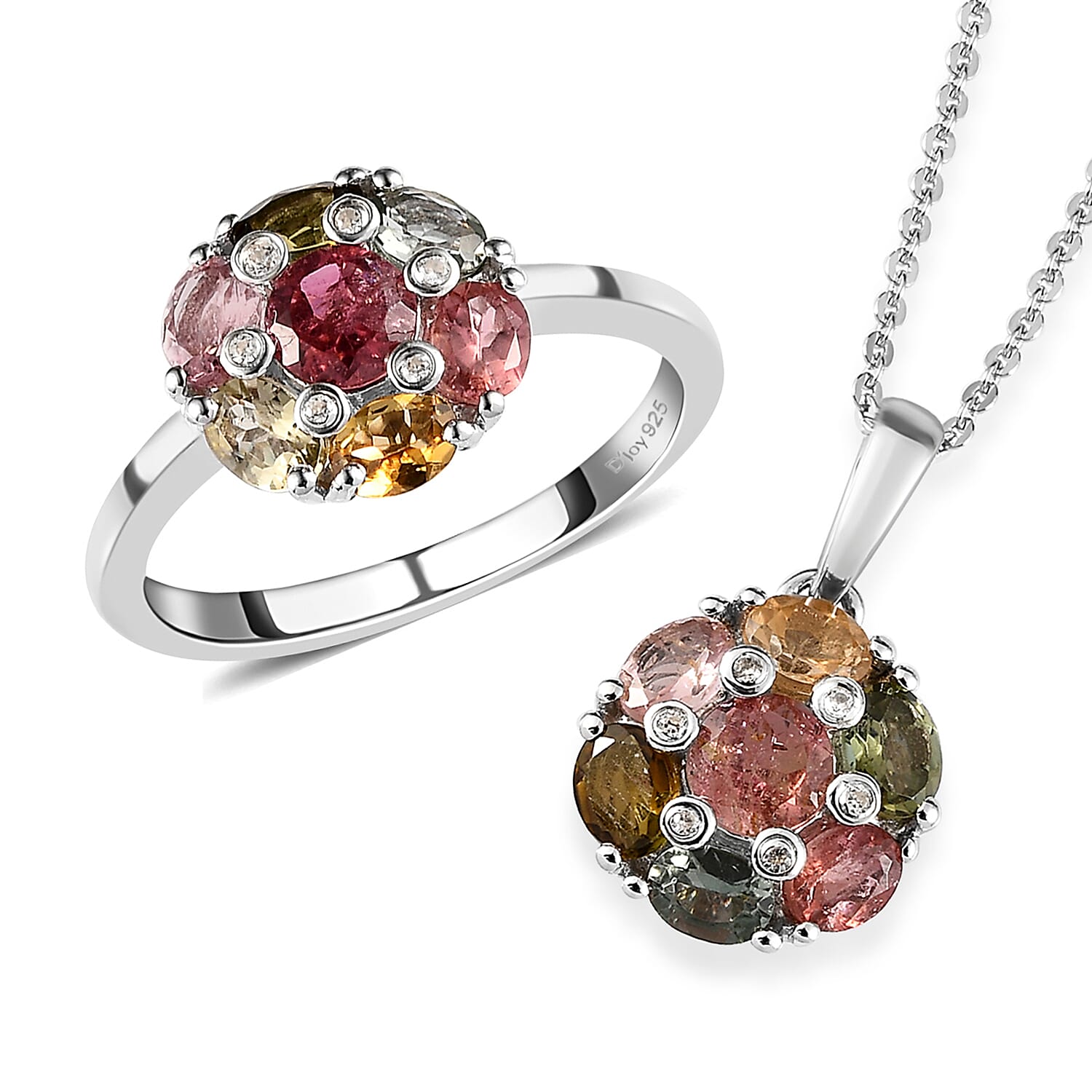 Multi-Tourmaline and Natural White Zircon Floral Ring (Size 7.0) and Floral Pendant Necklace 20 Inches in Platinum Over Sterling Silver 2.85 ctw