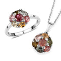 Multi-Tourmaline and Natural White Zircon Floral Ring (Size 7.0) and Floral Pendant Necklace 20 Inches in Platinum Over Sterling Silver 2.85 ctw - Sticky add to cart bar