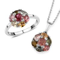 Multi-Tourmaline and Natural White Zircon Floral Ring (Size 7.0) and Floral Pendant Necklace 20 Inches in Platinum Over Sterling Silver 2.85 ctw