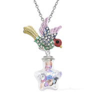 Multi Color Austrian Crystal and Enameled Sparrow Bird Pendant Necklace 24-26 Inches in Silvertone and Stainless Steel