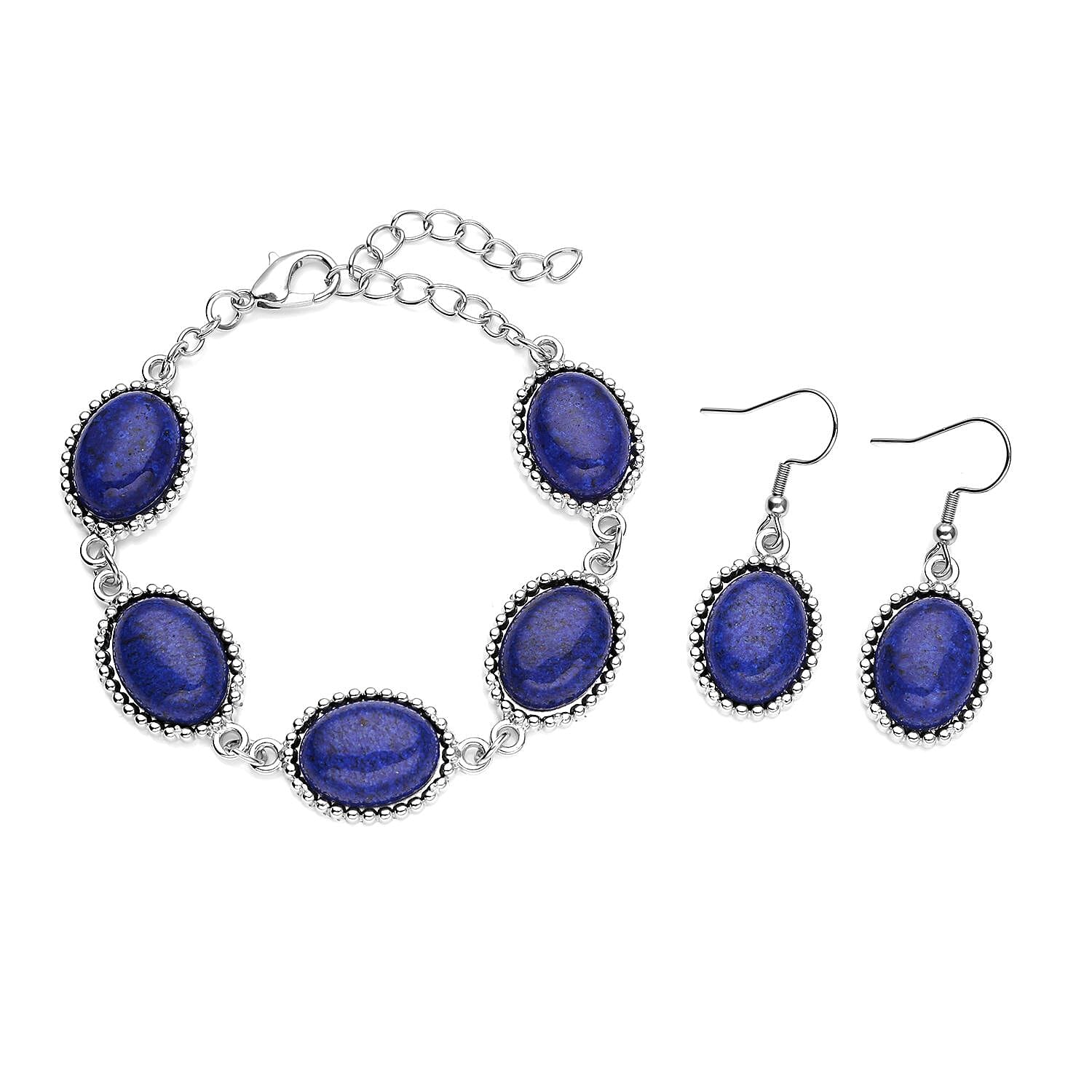 Lapis Lazuli 5 Stone Bracelet (7.50-9.0In) and Earrings in Silvertone 70.00 ctw