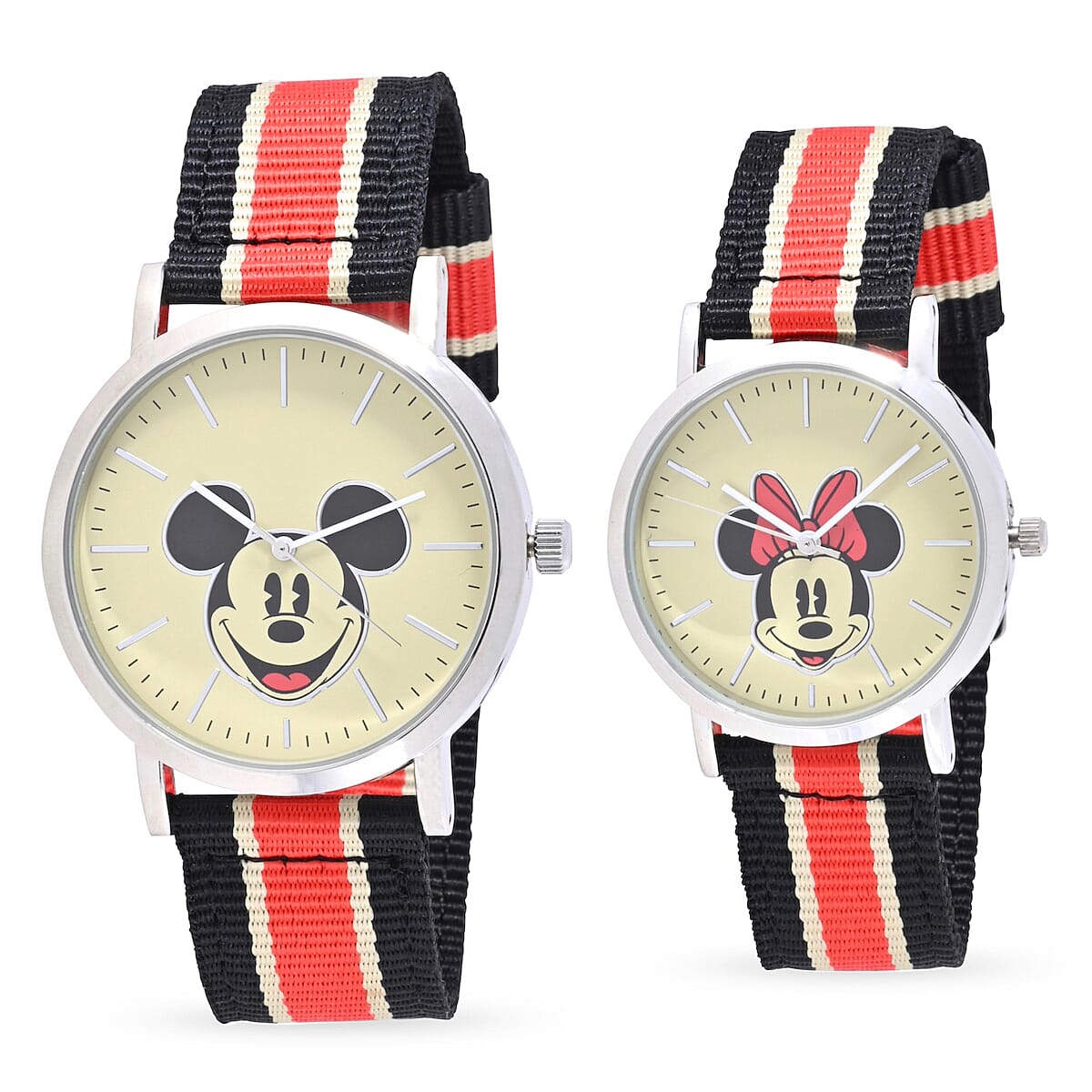 DISNEY Set of 2 Japanese Movement Mickey and Minnie Face Watch with Nylon Vintage Stripe Strap (44mm, 7-9) (34mm, 6-8) , Designer Nylon Straps Watch , Analog Luxury Wristwatch