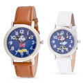 DISNEY Set of 2 Japanese Movement Mickey and Minnie Blue Dial Hands Watch with Brown Vegan Leather (42mm, 7-9) & White Vegan Leather (32mm, 6-8) - Sticky add to cart bar