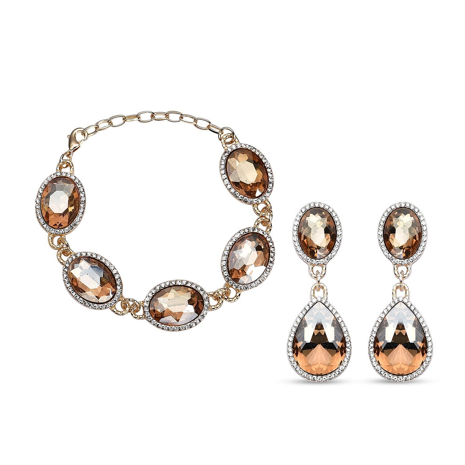 Simulated Champagne Quartz and Austrian Crystal Link Bracelet (7.0-9.0In) and Earrings in Goldtone