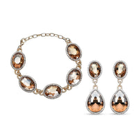 Simulated Champagne Quartz and Austrian Crystal Link Bracelet (7.0-9.0In) and Earrings in Goldtone