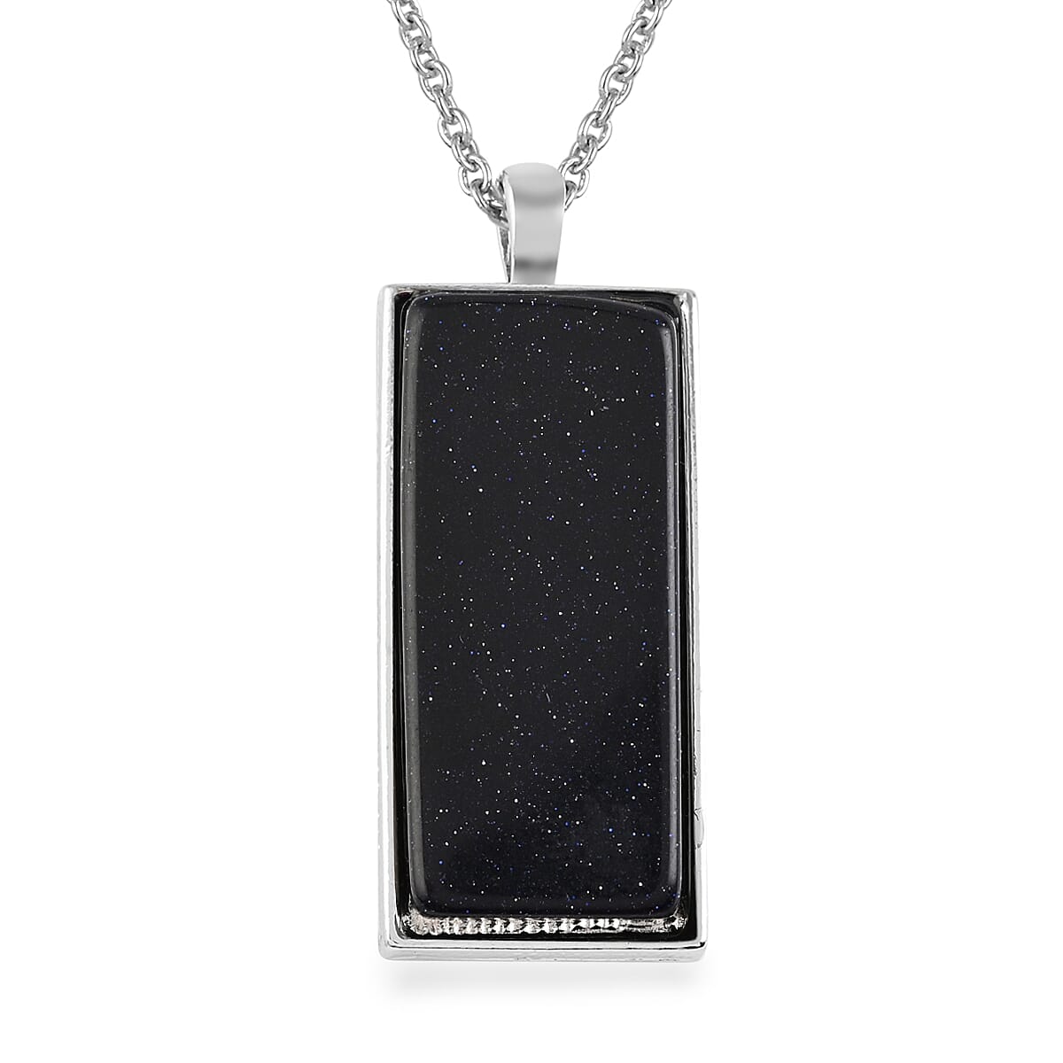 Blue Sandstone Dogtag Pendant Necklace 24 Inches in Silvertone & Stainless Steel 10.00 ctw