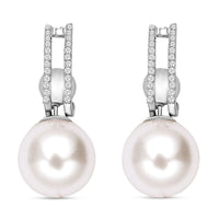 Set of 2 White Shell Pearl and Simulated Diamond Multi Ways Wearable Earrings in Silvertone