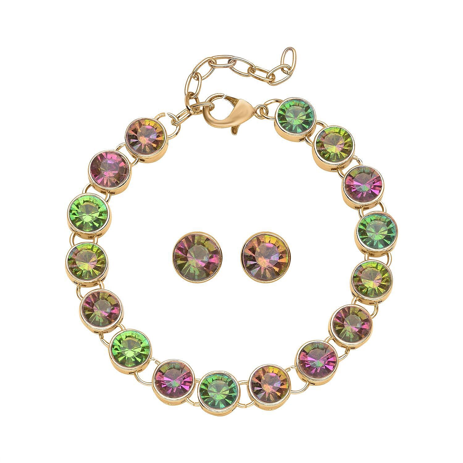 Multi Color Austrian Crystal Tennis Bracelet (7.50-9.50In) and Stud Earrings in Goldtone