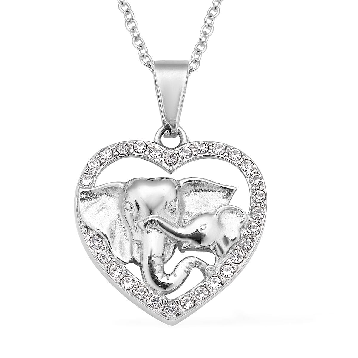 White Austrian Crystal Elephant Heart Pendant Necklace 20 Inches in Stainless Steel