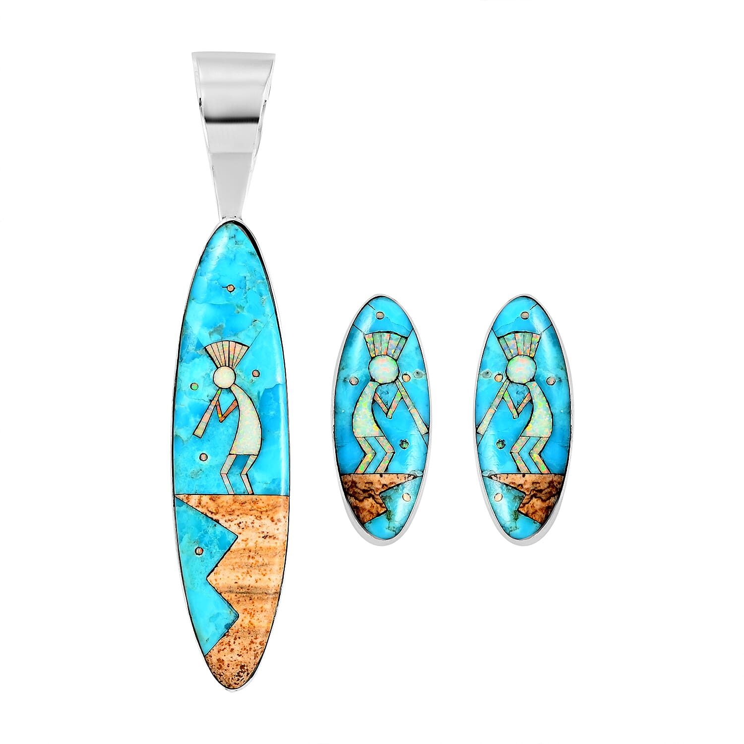 Santa Fe Style Turquoise and Multi Gemstone 9.75 ctw Kokopelli Playing Flute Earrings and Pendant without Chain in Sterling Silver