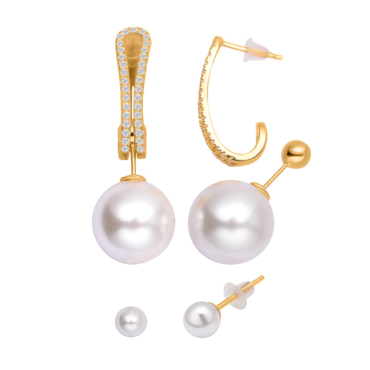 Cheryl Exclusive Pick White Shell Pearl and Simulated Diamond Set of 3 J-Hoop, Drop & Stud Interchangeable Earrings in 14K Yellow Gold Over Sterling Silver 0.65 ctw
