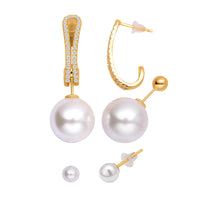 Cheryl Exclusive Pick White Shell Pearl and Simulated Diamond Set of 3 J-Hoop, Drop & Stud Interchangeable Earrings in 14K Yellow Gold Over Sterling Silver 0.65 ctw