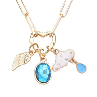 Simulated Blue Topaz, Multi Color Simulated Diamond, Enameled Paper Clip Chain Necklace 20 Inches with Cloud & Angel Wing Charm in Goldtone