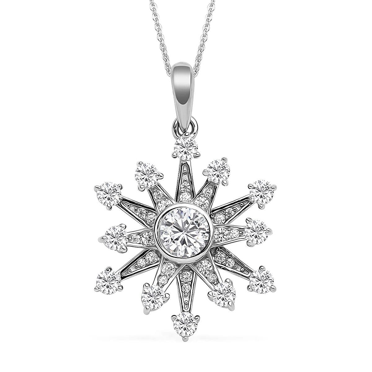 Simulated Diamond Snowflake Inspired Spinner Pendant Necklace 20 Inches in Rhodium Over Sterling Silver and Stainless Steel 1.50 ctw