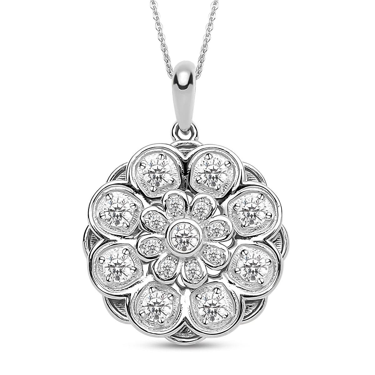 Simulated Diamond Daisy Flower Inspired Spinner Pendant Necklace 20 Inches in Rhodium Over Sterling Silver and Stainless Steel 0.90 ctw