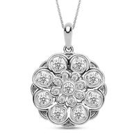 Simulated Diamond Daisy Flower Inspired Spinner Pendant Necklace 20 Inches in Rhodium Over Sterling Silver and Stainless Steel 0.90 ctw
