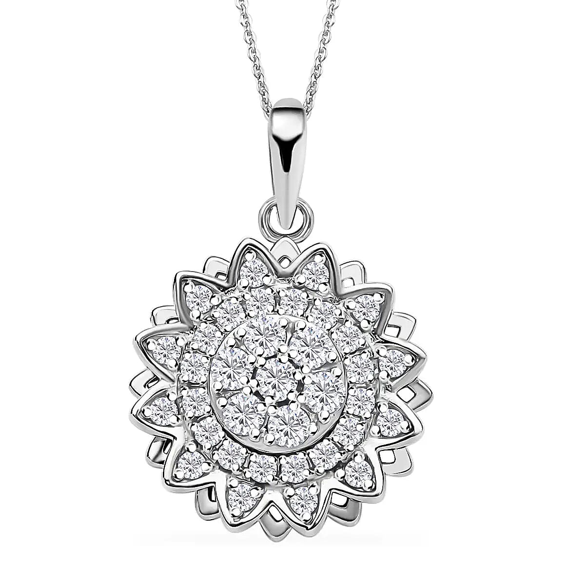 Simulated Diamond Sunflower Design Spinner Pendant Necklace 20 Inches in Rhodium Over Sterling Silver & Stainless Steel 0.65 ctw