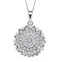 Simulated Diamond Sunflower Design Spinner Pendant Necklace 20 Inches in Rhodium Over Sterling Silver & Stainless Steel 0.65 ctw