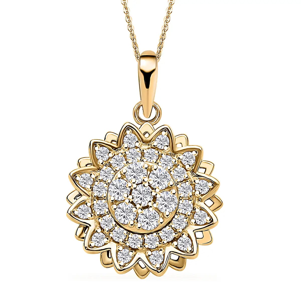 Simulated Diamond Sunflower Design Spinner Pendant Necklace 20 Inches in Rhodium Over Sterling Silver & Stainless Steel 0.65 ctw