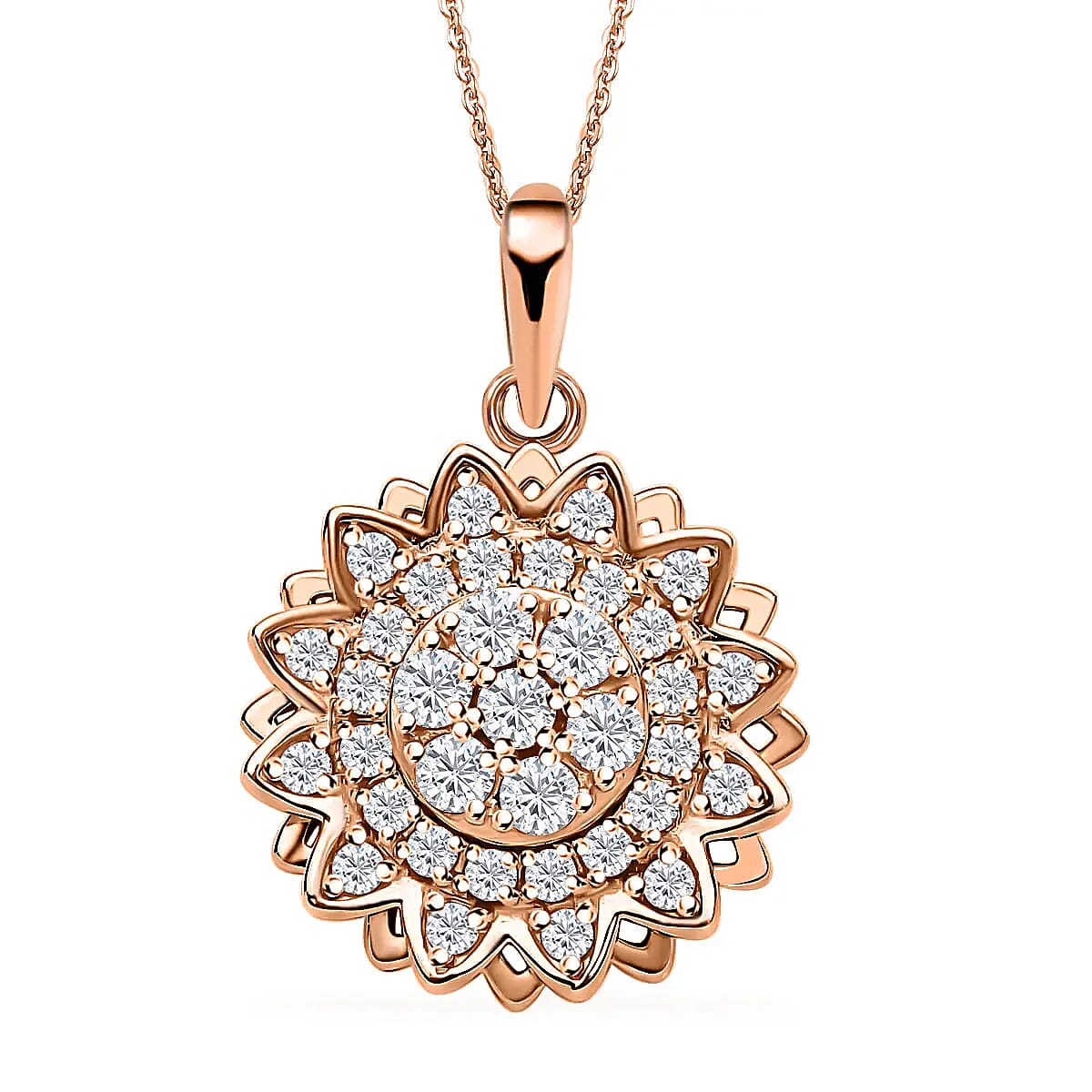 Simulated Diamond Sunflower Design Spinner Pendant Necklace 20 Inches in Rhodium Over Sterling Silver & Stainless Steel 0.65 ctw