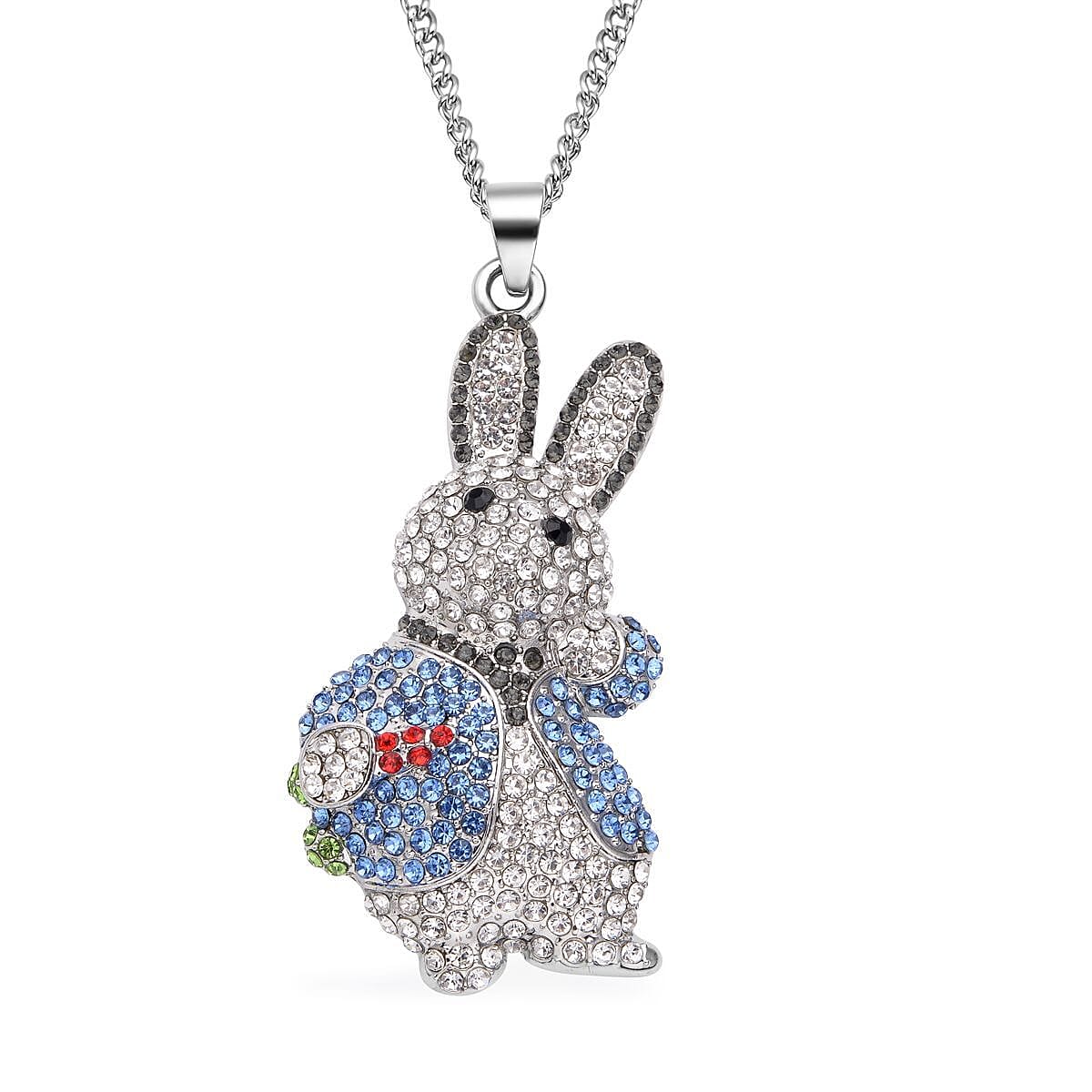 Multi Color Austrian Crystal Bunny Pendant Necklace 29-31 Inches in Silvertone