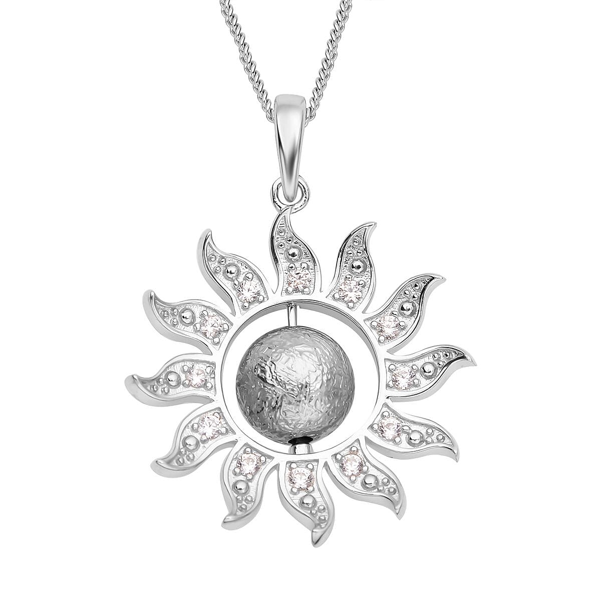 Marvelous Meteorites and White Zircon Sun Pendant Necklace 18 Inches in Rhodium Over Sterling Silver 0.30 ctw