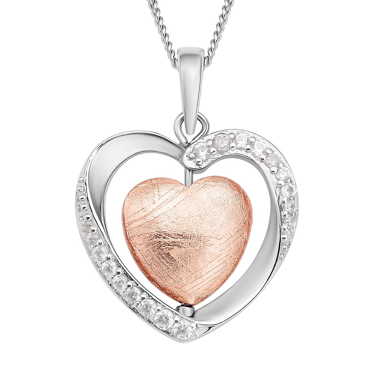 Marvelous Meteorites and White Zircon Heart Pendant Necklace 18 Inches in Rhodium Over Sterling Silver 0.30 ctw