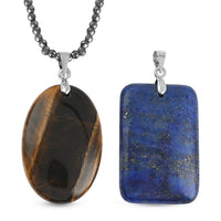 South African Tiger's Eye and Lapis Lazuli Set of 2 Pendants with Hematite Beaded Necklace 20-22In in Stainless Steel 86.00 ctw