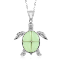 Green Aventurine Turtle Pendant Necklace 18 Inches in Silvertone 10.35 ctw