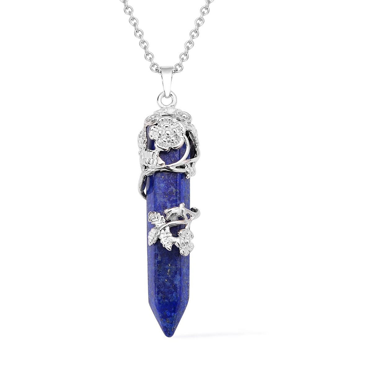 Lapis Lazuli Floral Vine Design Pendant Necklace 24 Inches in Stainless Steel 54.50 ctw