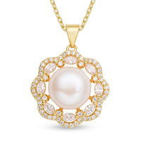 Freshwater Pearl 11-12mm and Austrian Crystal Vintage Design Pendant Necklace 18 Inches in Goldtone & ION Plated YG Stainless Steel
