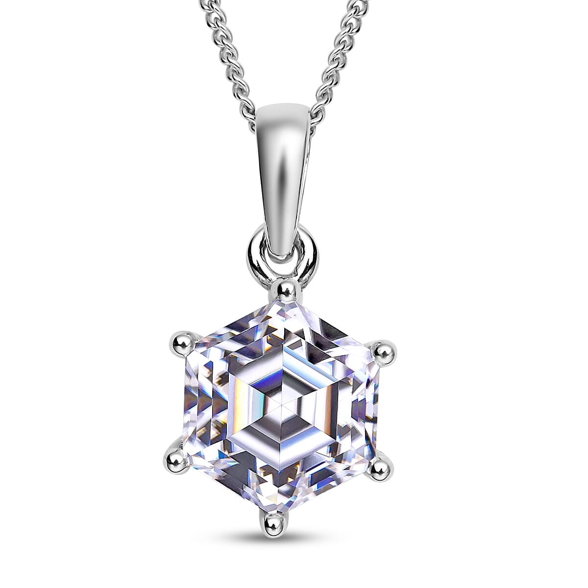 Hexagonal Cut Moissanite Solitaire Pendant Necklace 18 Inches in Rhodium Over Sterling Silver 2.50 ctw
