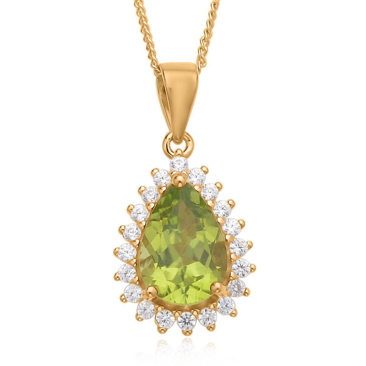 Premium Peridot and White Zircon Halo Pendant Necklace 20 Inches in Vermeil YG Over Sterling Silver 2.40 ctw