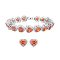 Simulated Orange Red Diamond Heart Shape Bracelet (6.50In) and Stud Earrings in Silvertone 45.00 ctw - Sticky add to cart bar
