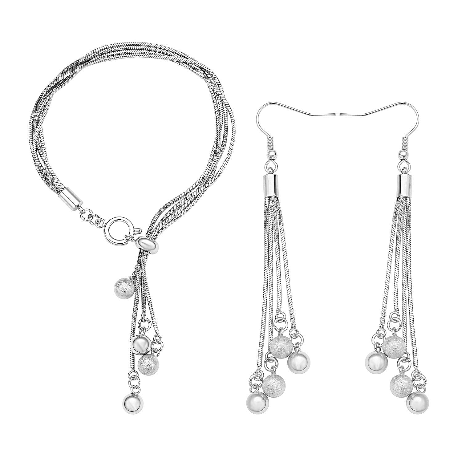 Textured Metallic Balls Charm Bracelet (7.00 In) and Earrings in Stainless Steel