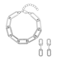 Austrian Crystal Paper Clip Link Bracelet with Extended (8.00 In) and Earrings in Silvertone