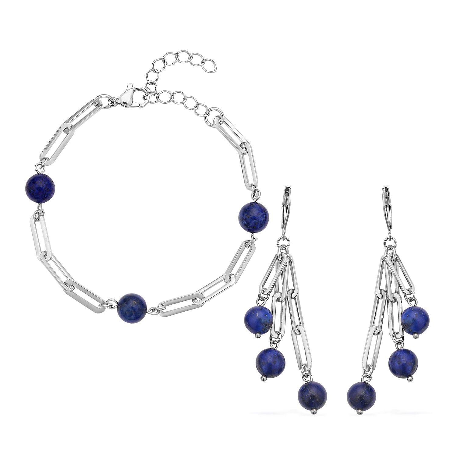 Lapis Lazuli Paper Clip Chain Station Bracelet (7.50-9.0In) and Dangle Earrings in Stainless Steel 36.00 ctw