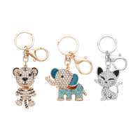 Set of 3 Multi Color Austrian Crystal, Resin, Enameled Bear, Dog and Dragon Keychain in Goldtone