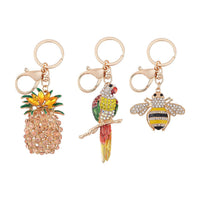Set of 3 Multi Color Austrian Crystal, Resin, Enameled Bear, Dog and Dragon Keychain in Goldtone