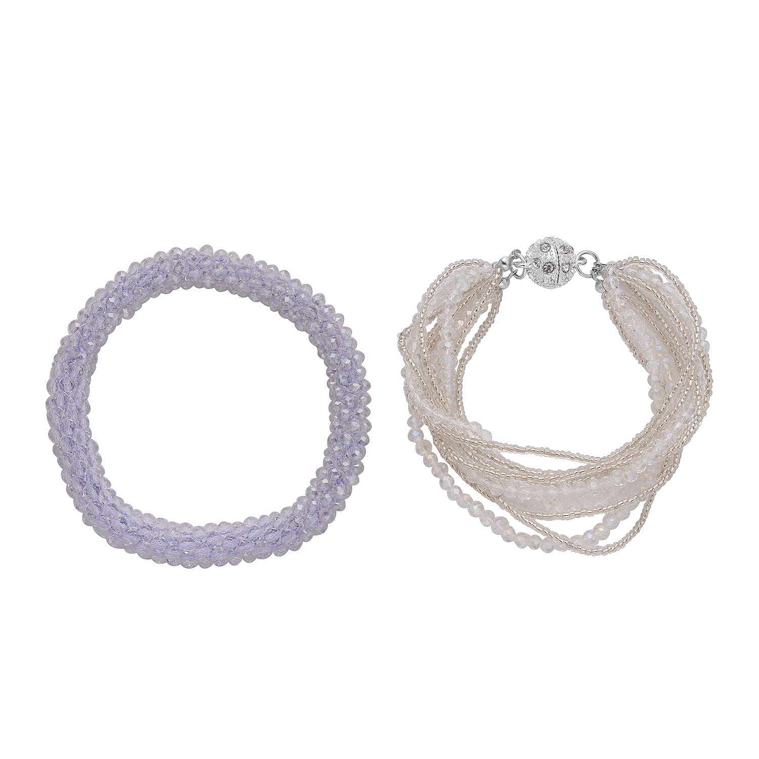 Champagne Glass and Austrian Crystal Set of 2 Beaded Bracelet in Silvertone (Stretch, 7.75In)
