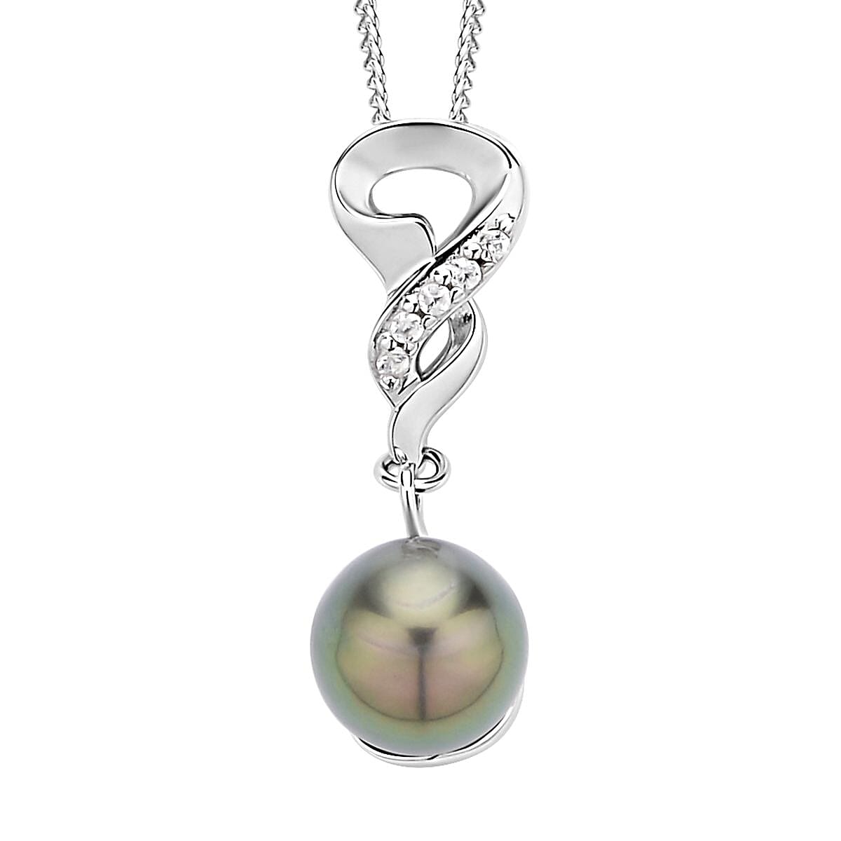 Tahitian Cultured Pearl 9-10mm and White Zircon Pendant Necklace 18 Inches in Rhodium Over Sterling Silver 0.10 ctw