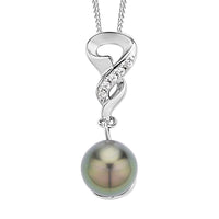 Tahitian Cultured Pearl 9-10mm and White Zircon Pendant Necklace 18 Inches in Rhodium Over Sterling Silver 0.10 ctw